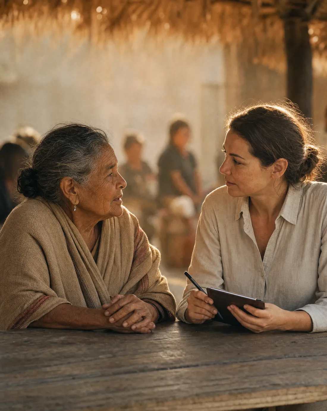 A community elder shares her knowledge with a researcher under a palm-thatch shade structure