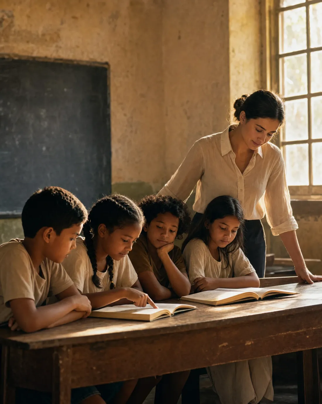 Children gathered around an open book at a long wooden desk, a teacher beside them