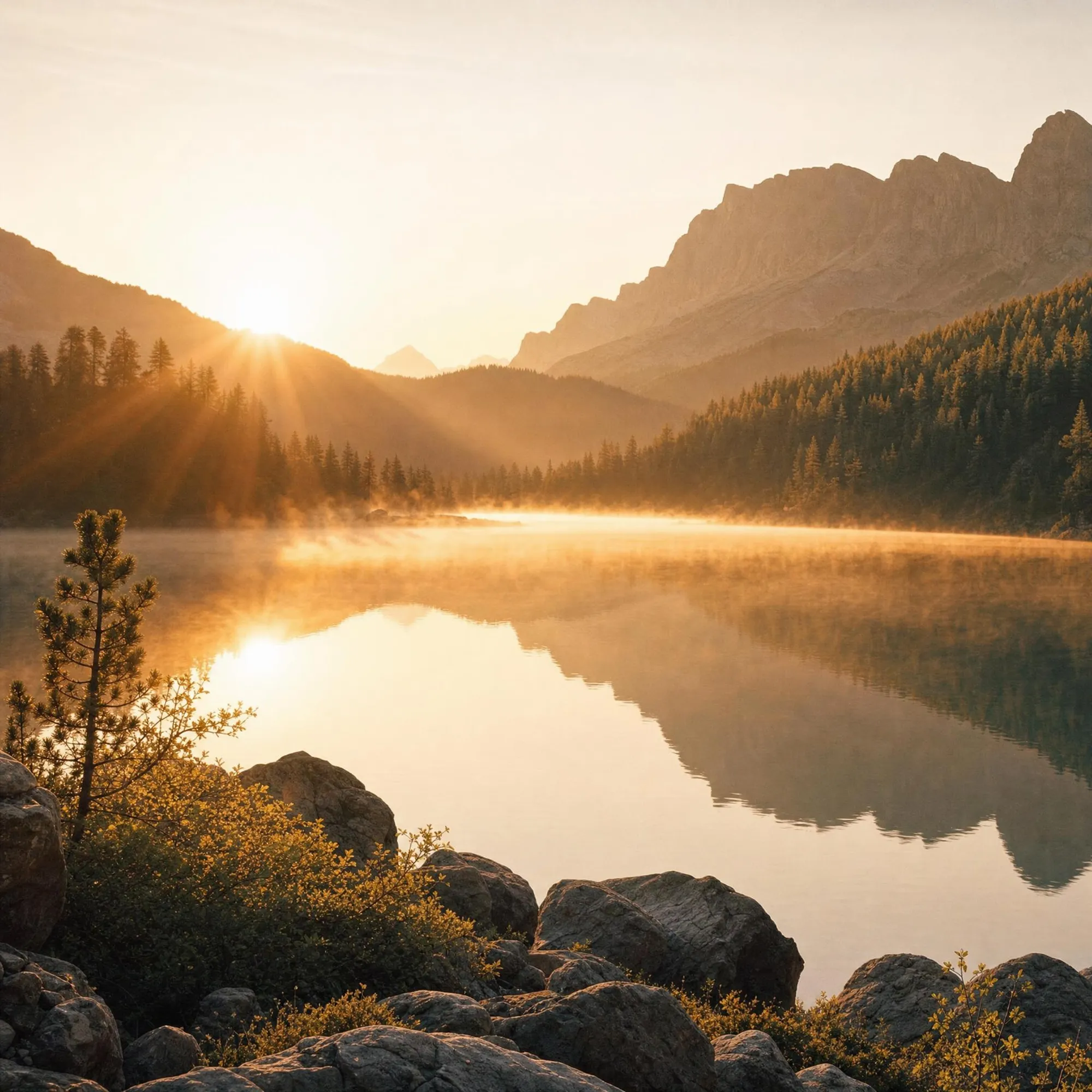 Soft dawn light over a still mountain lake wrapped in mist
