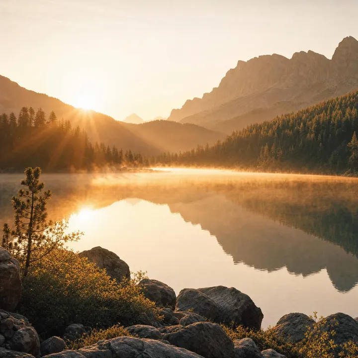 Soft dawn light over a still mountain lake wrapped in mist