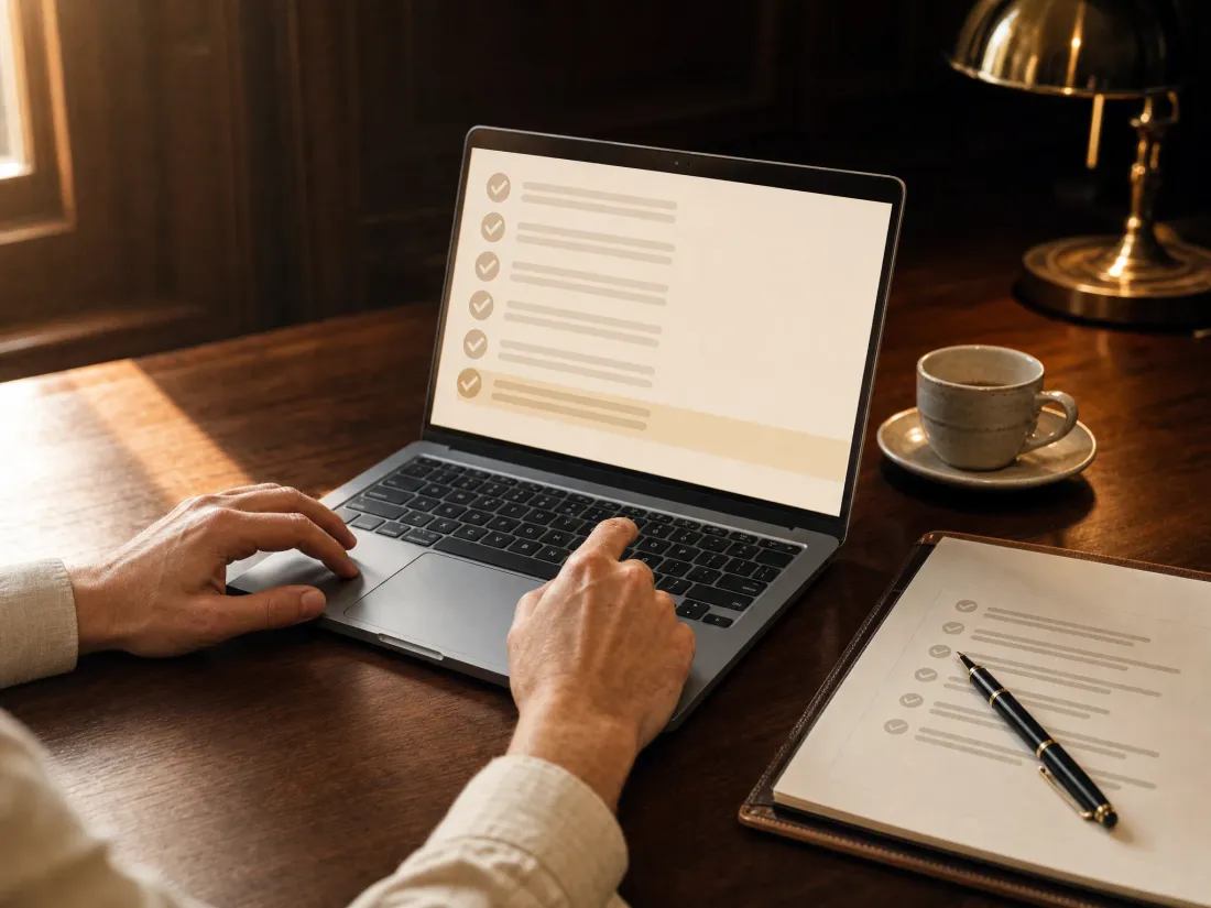 A clinician's hand resting on a stack of clinical paperwork beside a stethoscope on a dark walnut desk