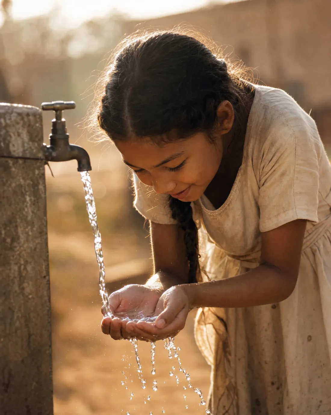 A young girl cups her hands beneath a backlit stream of clean water at a community tap
