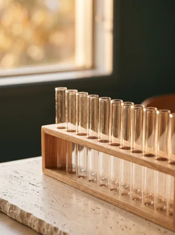 A neat rack of clear glass test tubes in warm light