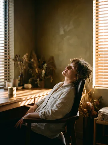 Person leaning back at a desk in warm afternoon light