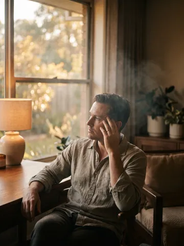 Person at a desk with a hand to the temple, gaze unfocused