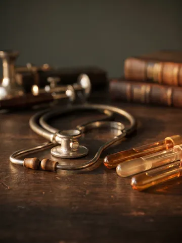 A stethoscope beside glass pathology tubes in warm light