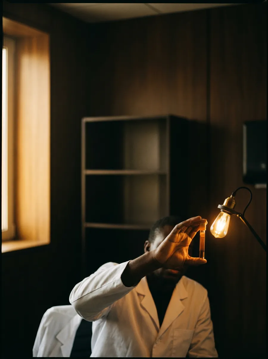 A clinician examining a pathology sample in warm light