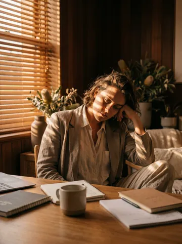 Person resting their head at a desk in warm afternoon light