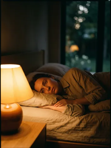 Person lying awake in bed by dim lamplight