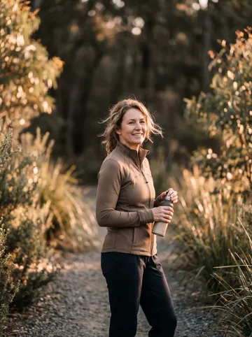 Active adult outdoors after a morning walk in golden light