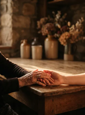 Hands of two generations resting together on a table