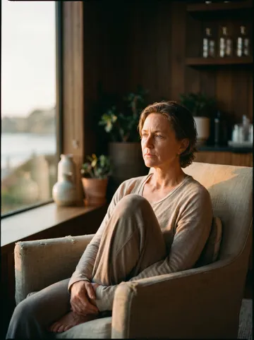 Reflective portrait by a window in warm light