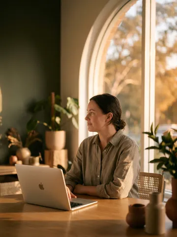 Person at a laptop, gaze drifting towards the window