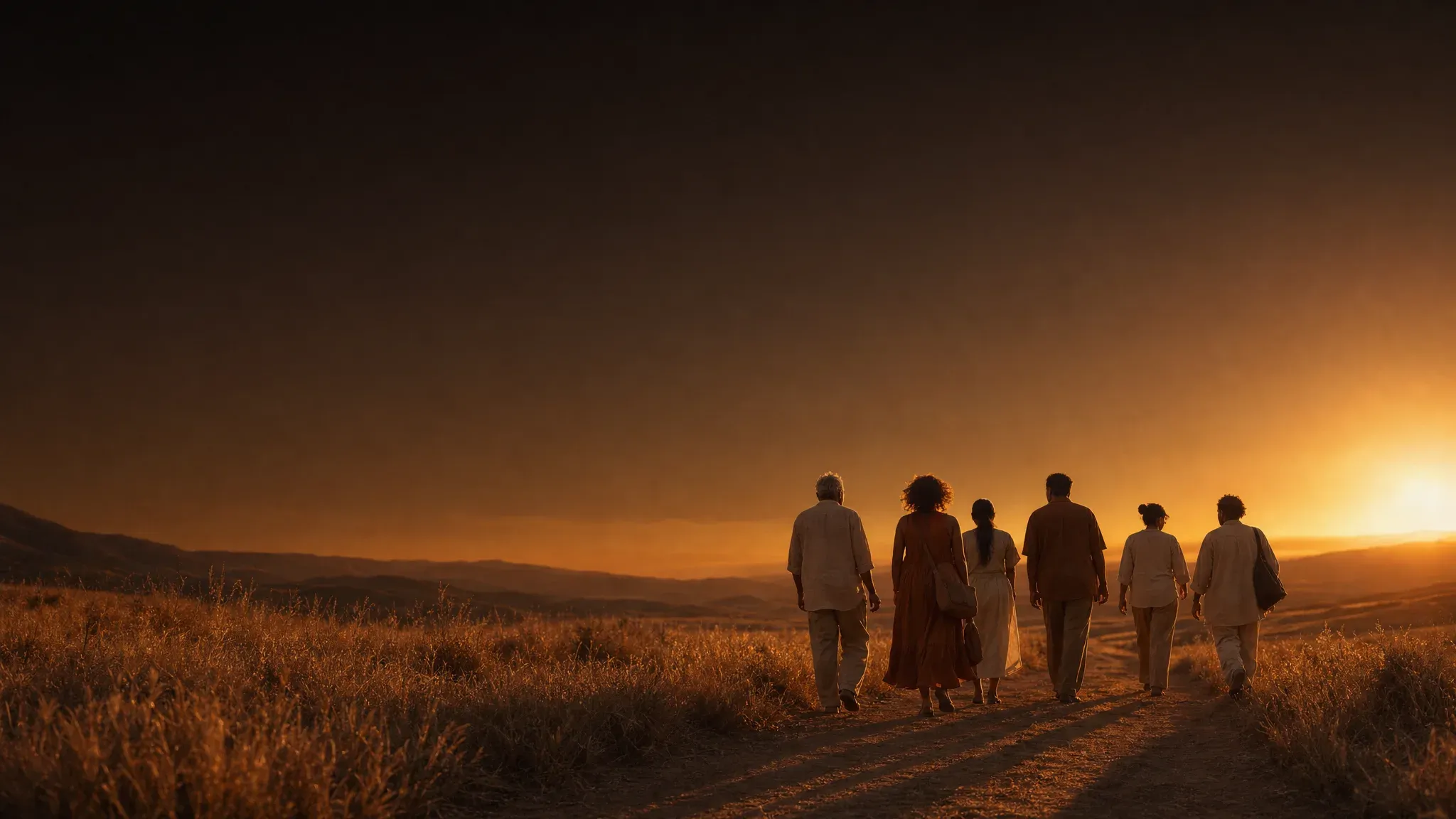 A small community walks together along a dusty path at golden hour, evoking healthcare shared more widely