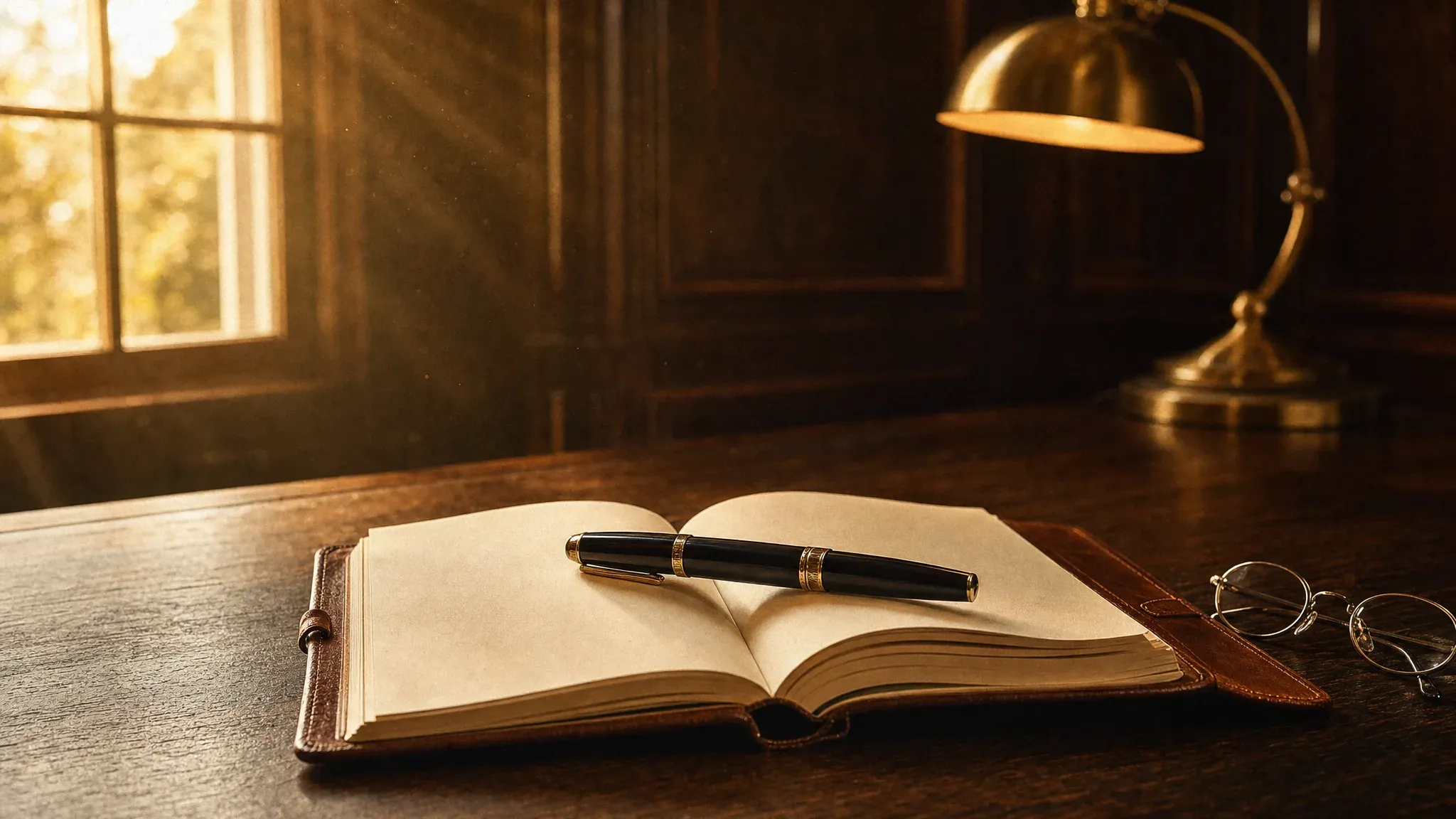 A leather-bound clinical journal and fountain pen on a dark walnut desk, warm window light