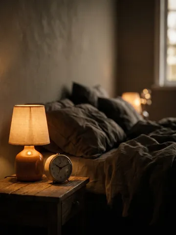 A dim bedside lamp and clock at night