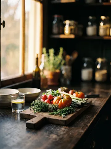 Fresh vegetables and herbs on a kitchen bench in morning light