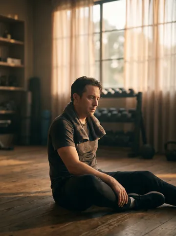 Person resting after a workout, a towel around the neck