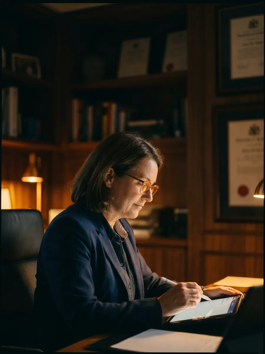 A qualified practitioner reviewing clinical results in warm light