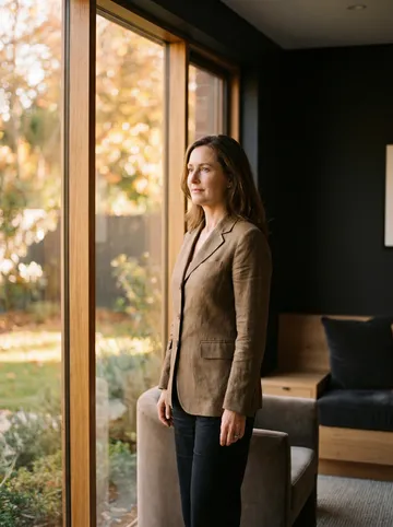 Composed, well adult standing by a window in warm light