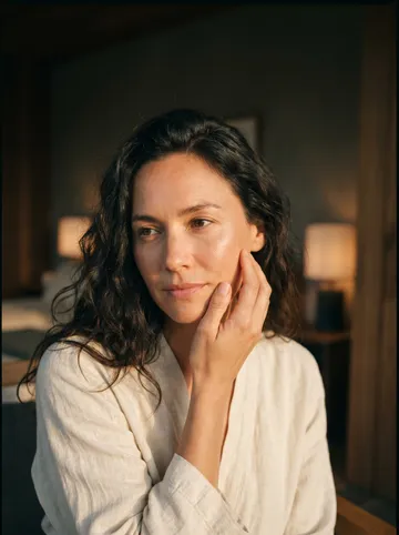 Close editorial portrait in warm light, healthy skin and hair