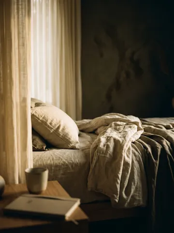 Rumpled linen bedsheets in warm morning light