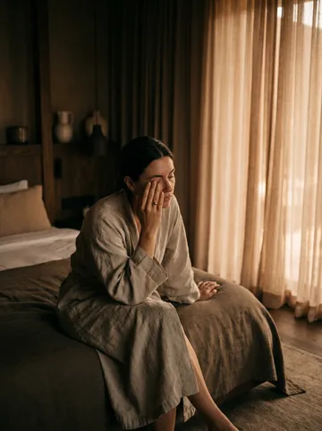 Person sitting on the edge of a bed, tired after waking