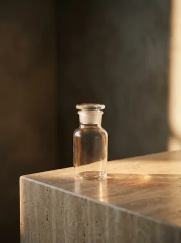 A single clear pathology vial in warm light